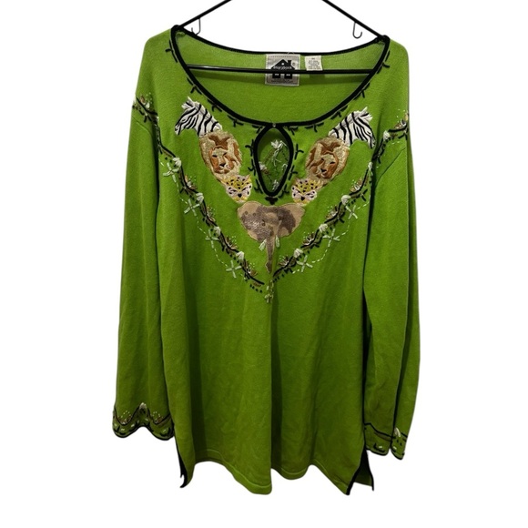 Storybook Knits Green Embroidered Animal Print Tunic Sweater Size 3X - Picture 1 of 6